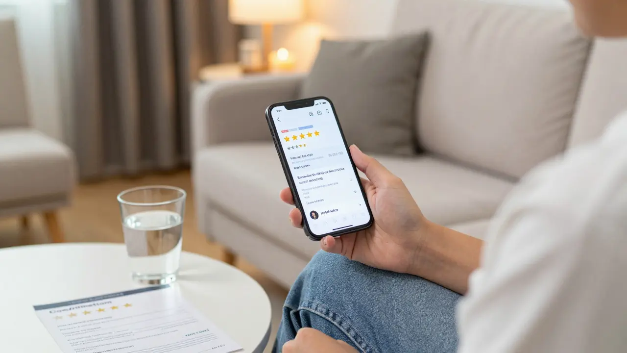 Traveler checking verified reviews on phone for safe spa booking