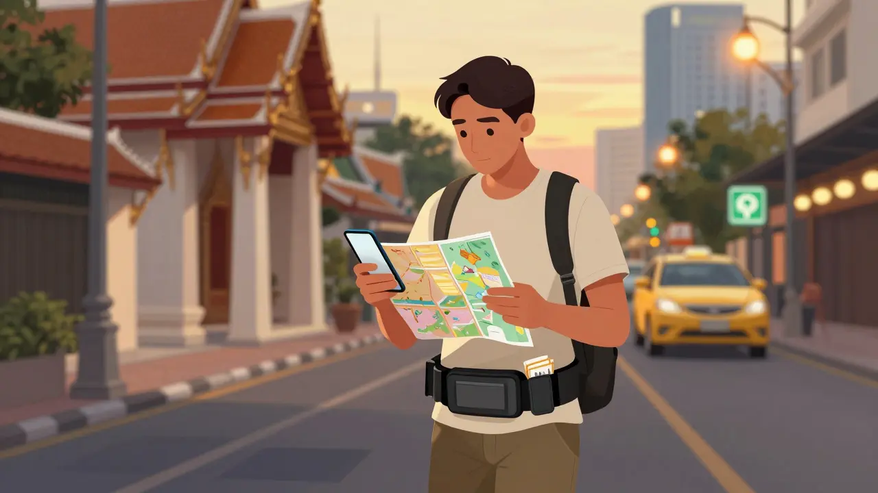 Traveler walking safely in Bangkok at dusk