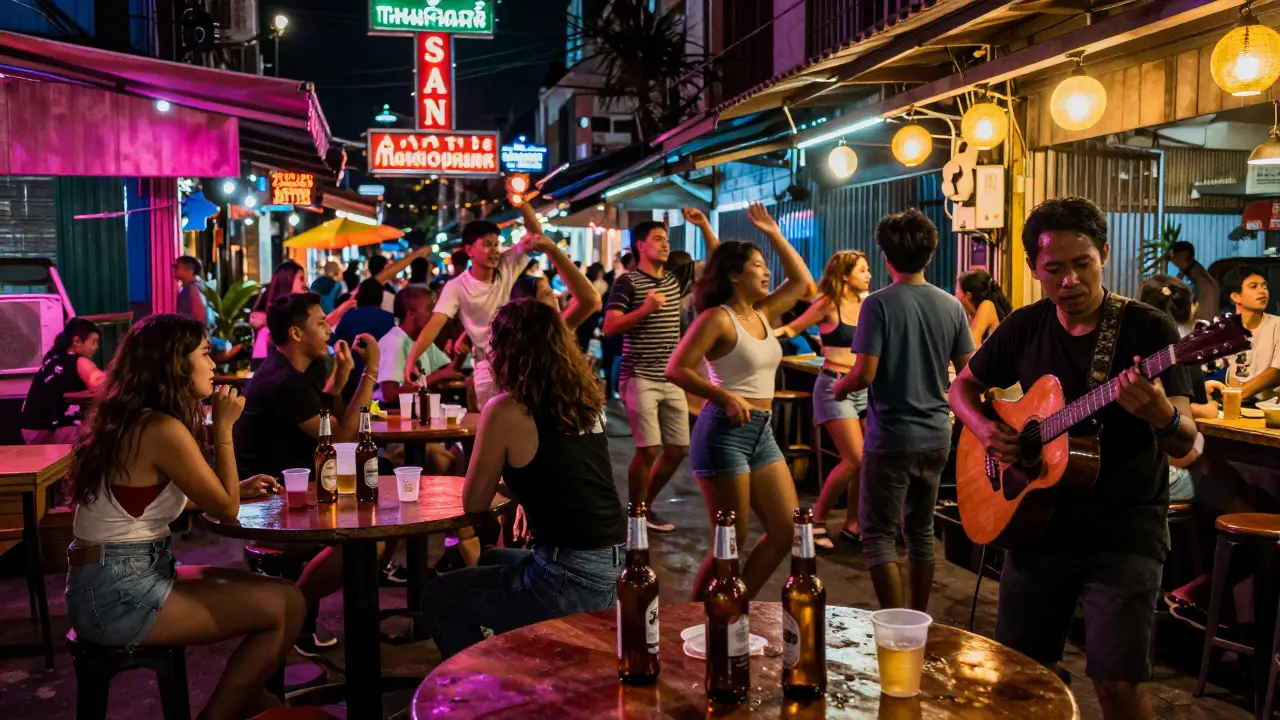 Travelers dancing and drinking at a lively Bangkok night bar