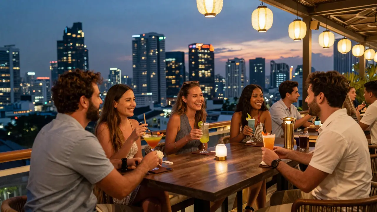 Travelers enjoying drinks at a Bangkok rooftop bar at dusk