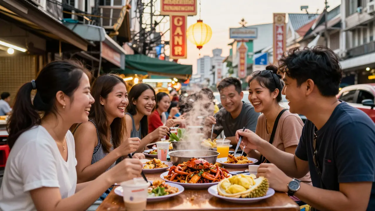 Travelers enjoying street food in Bangkok's Chinatown
