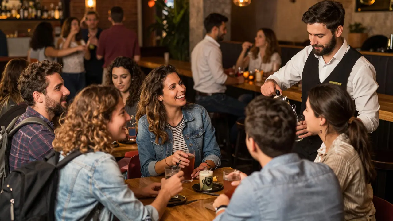 Travelers socializing and drinking at a table in a lively Bangkok nightclub
