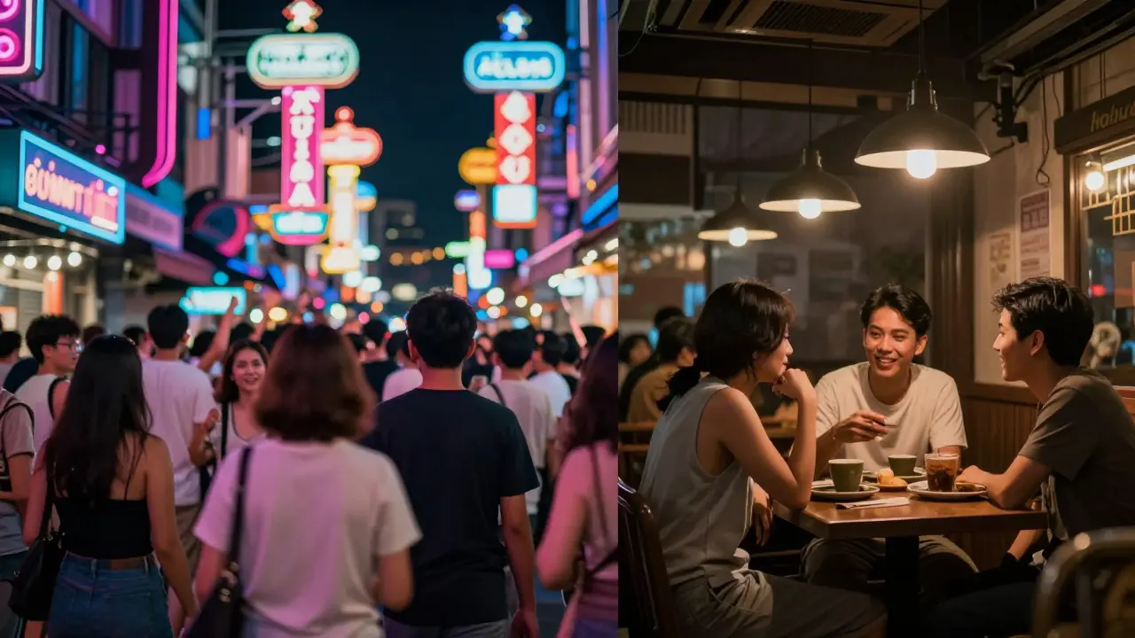 Visual comparison of loud Soi Cowboy strip versus quiet Crazy House vibe