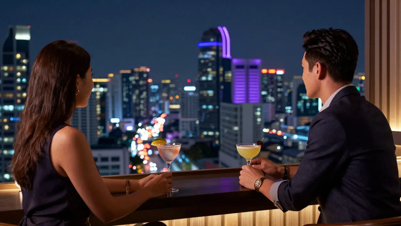 Couple enjoying cocktails at an upscale Bangkok rooftop bar at night
