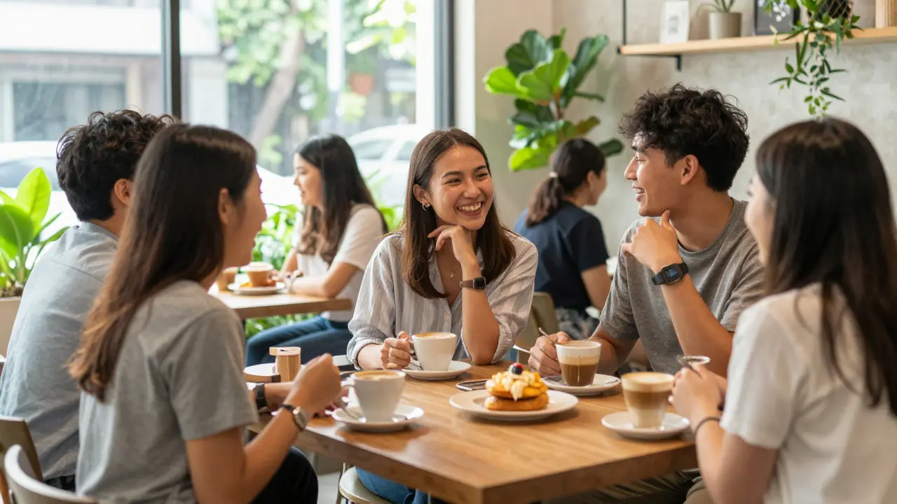 Diverse group of friends socializing in a sunny Bangkok cafe