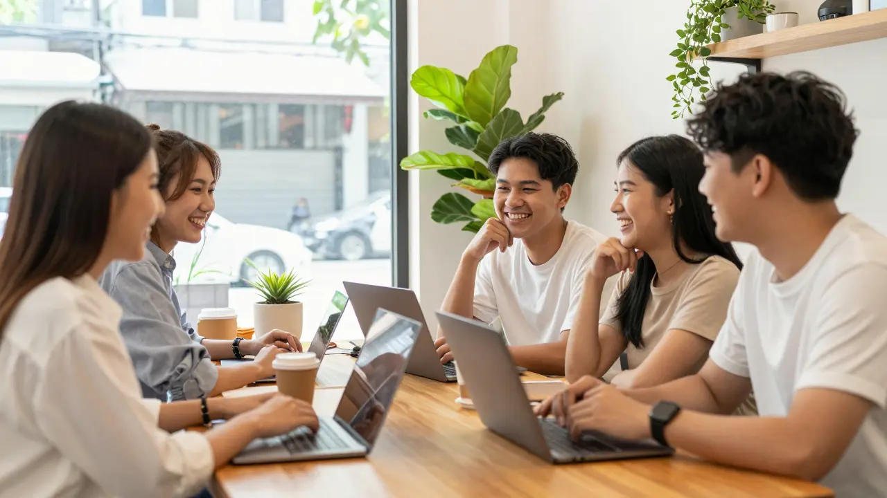 Diverse group of friends socializing in a sunny, modern Bangkok cafe.