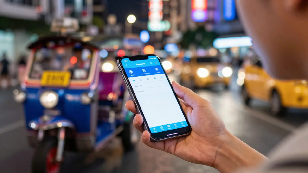 Traveler using ride-hailing app on phone amidst Bangkok night traffic.