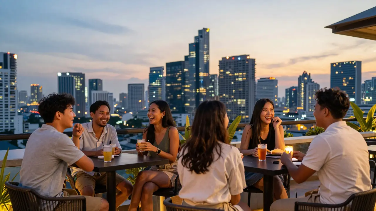 Travelers enjoying safe rooftop bar view in Bangkok